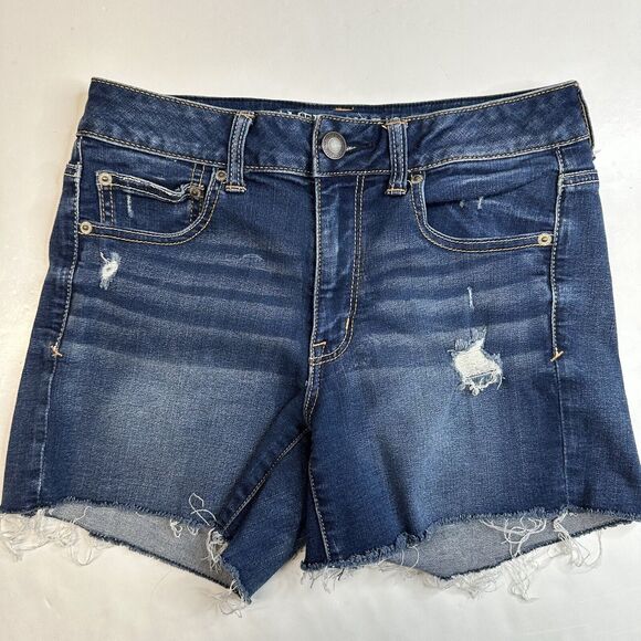American Eagle Hi-Rise Shortie Sz 8 Super Super Stretch Denim Blue Jean Distress - Picture 1 of 9